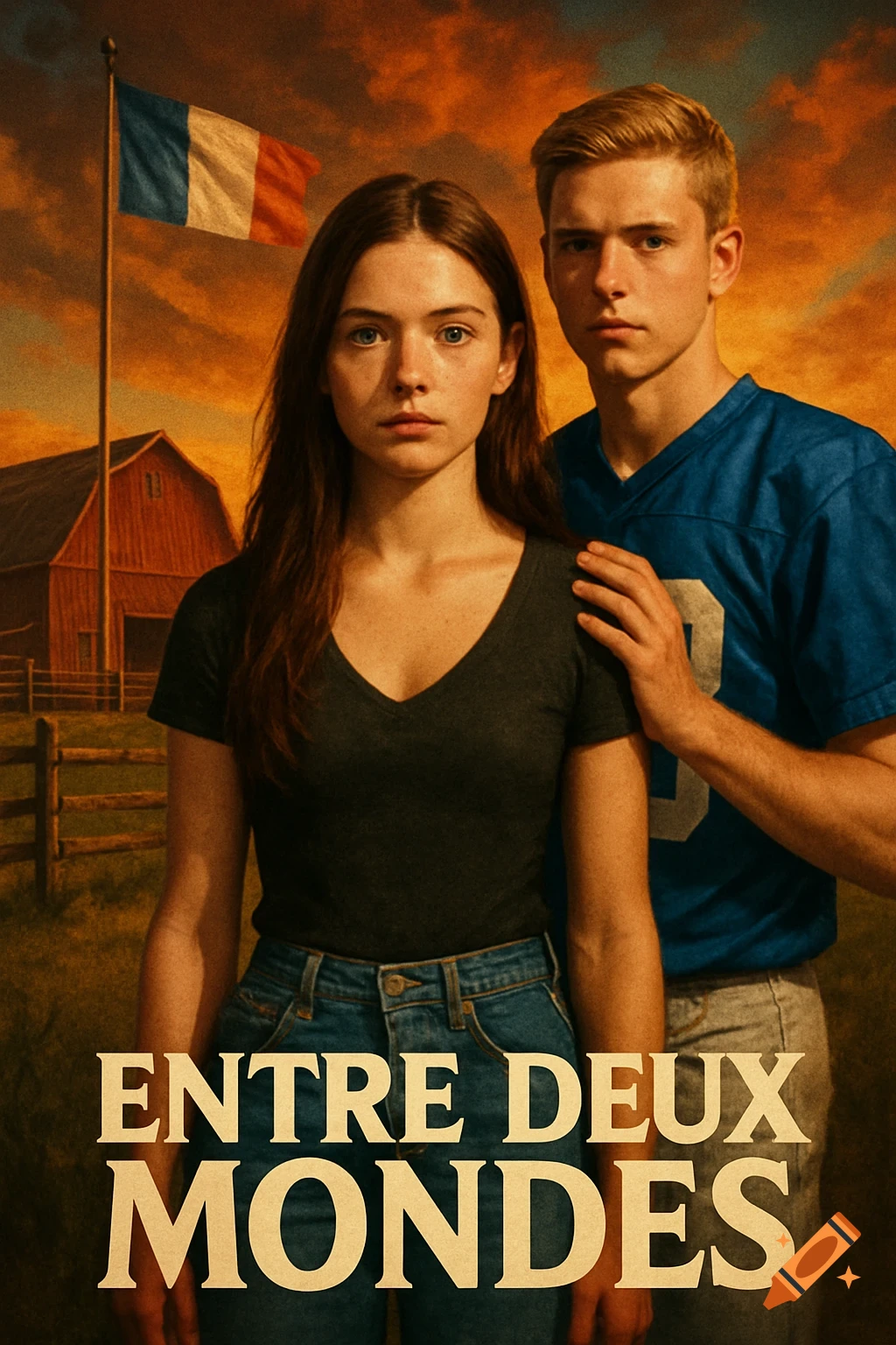 Movie poster for 'Entre Deux Mondes' with two young adults in a rural setting, French flag, and sunset.