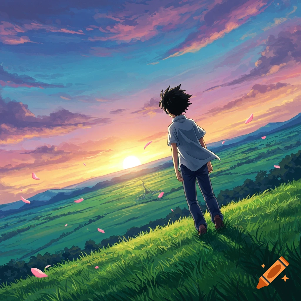 Anime style boy on a grassy hill, back to viewer, watching a vibrant sunset over a green landscape with pink petals.