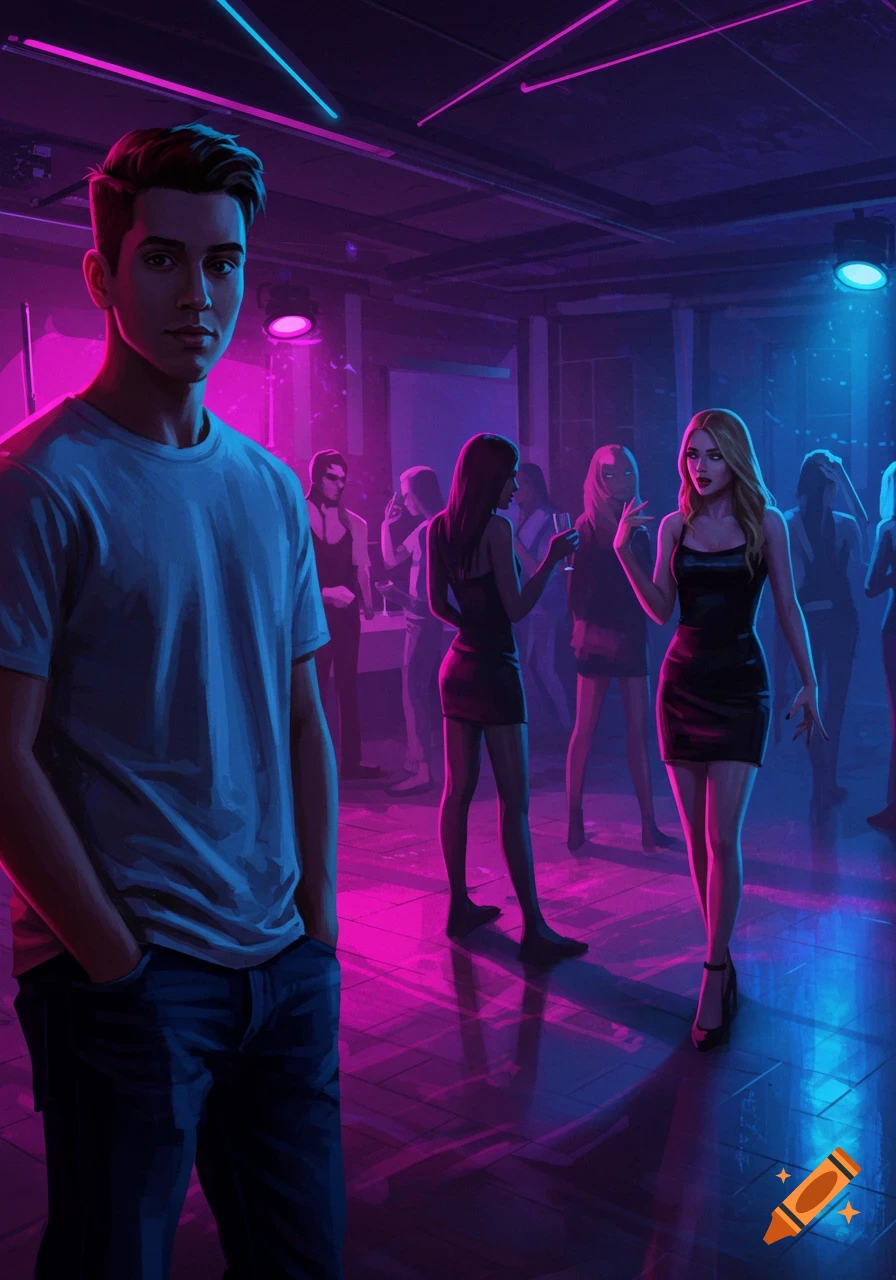 A man in a neon-lit club looks forward, as women converse in the blurry background, digital art style.