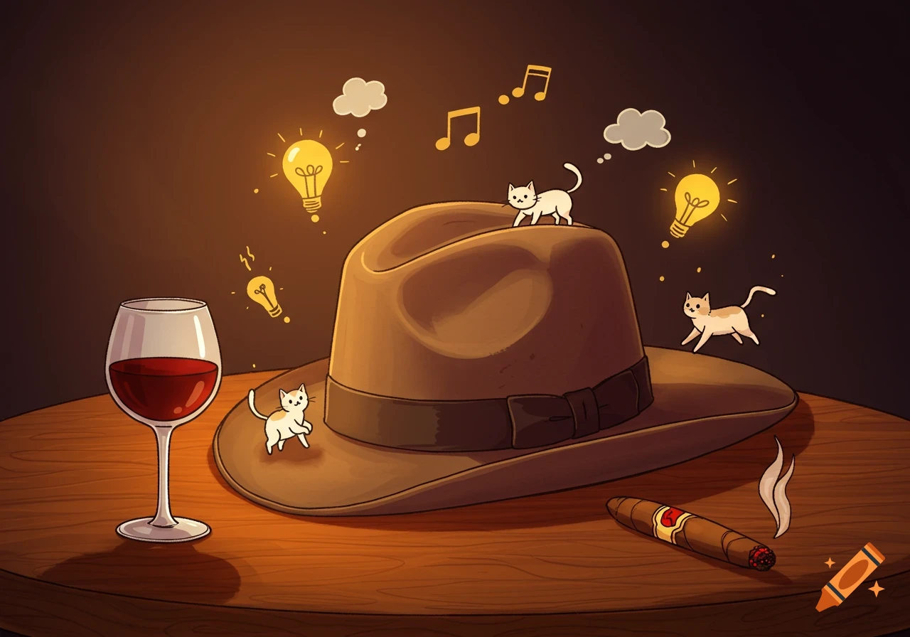 Cartoon of small cats on a brown hat, with wine, a cigar, glowing lightbulbs, and music notes on a wooden table.