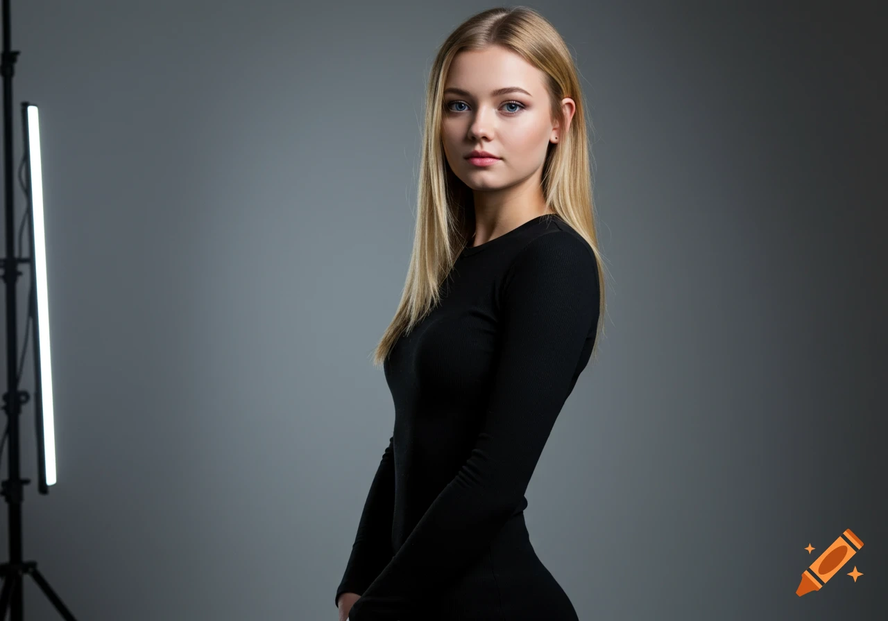 Photorealistic portrait of a young woman with long blonde hair and blue eyes, wearing a black long-sleeved top, against a gray background with studio lighting.