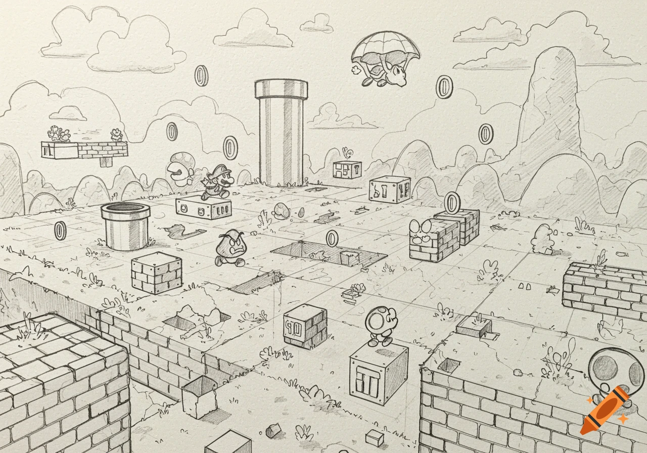 A detailed sketch of a Super Mario Bros. level, with Mario, Goombas, pipes, blocks, and coins in a two-point perspective.