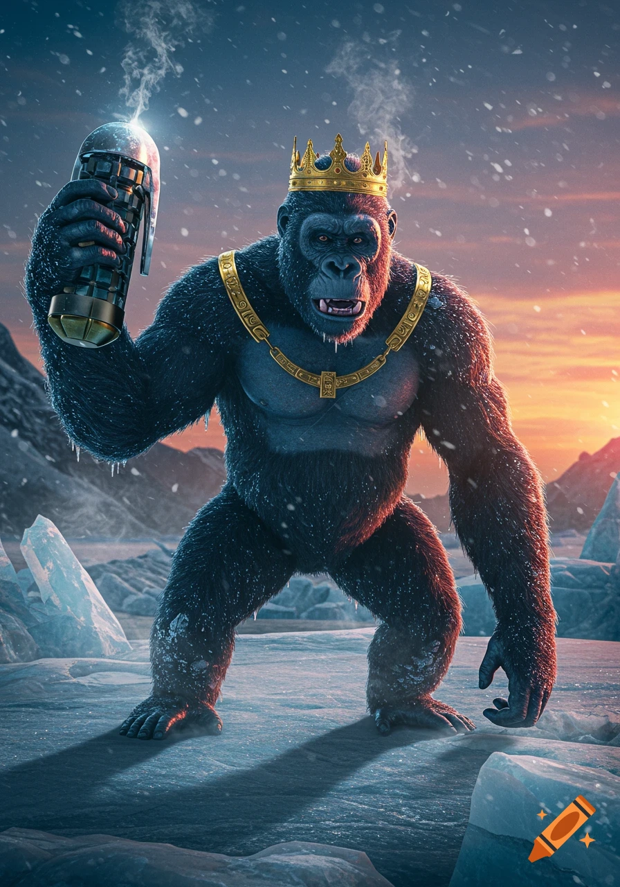 A powerful ape king with a golden crown and chain holds a smoking hand grenade on a snowy, icy landscape at sunset.