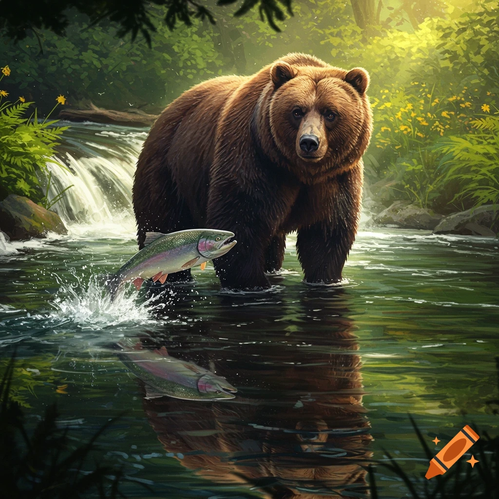 A photorealistic brown bear stands in a river as a colorful fish leaps from the water, surrounded by lush green forest and a waterfall.
