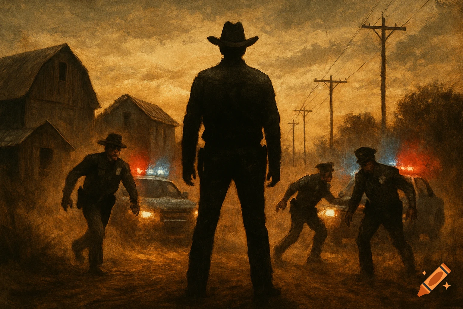 A dramatic, painterly scene of a silhouetted cowboy facing police officers with flashing squad cars in a dusty rural setting.