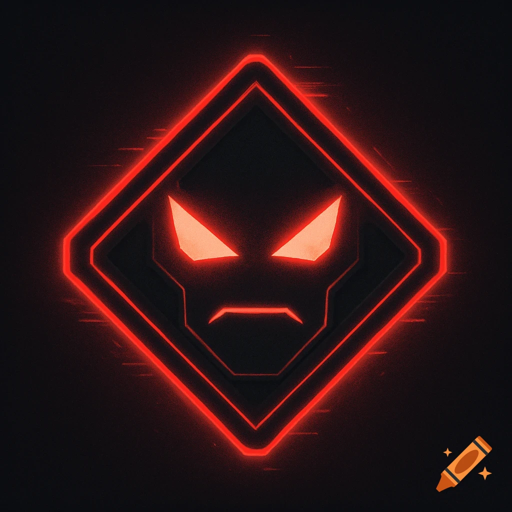 A red glowing, menacing stylized face logo with triangular eyes and a downturned mouth, in a dark rhomboid shape with a digital glitch effect, futuristic style.