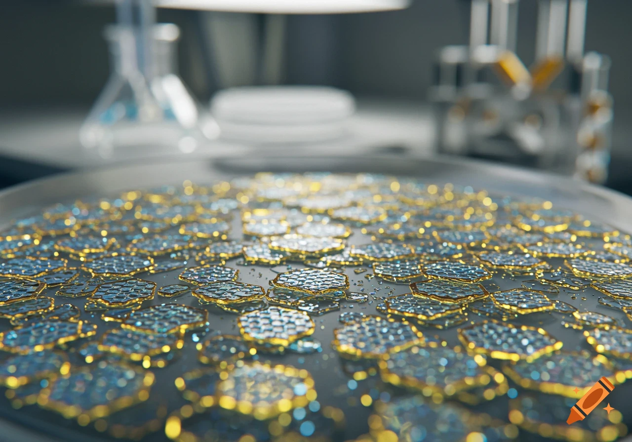 Close-up of shimmering hexagonal nanoplatelets on a surface in a blurred laboratory setting, photorealistic.