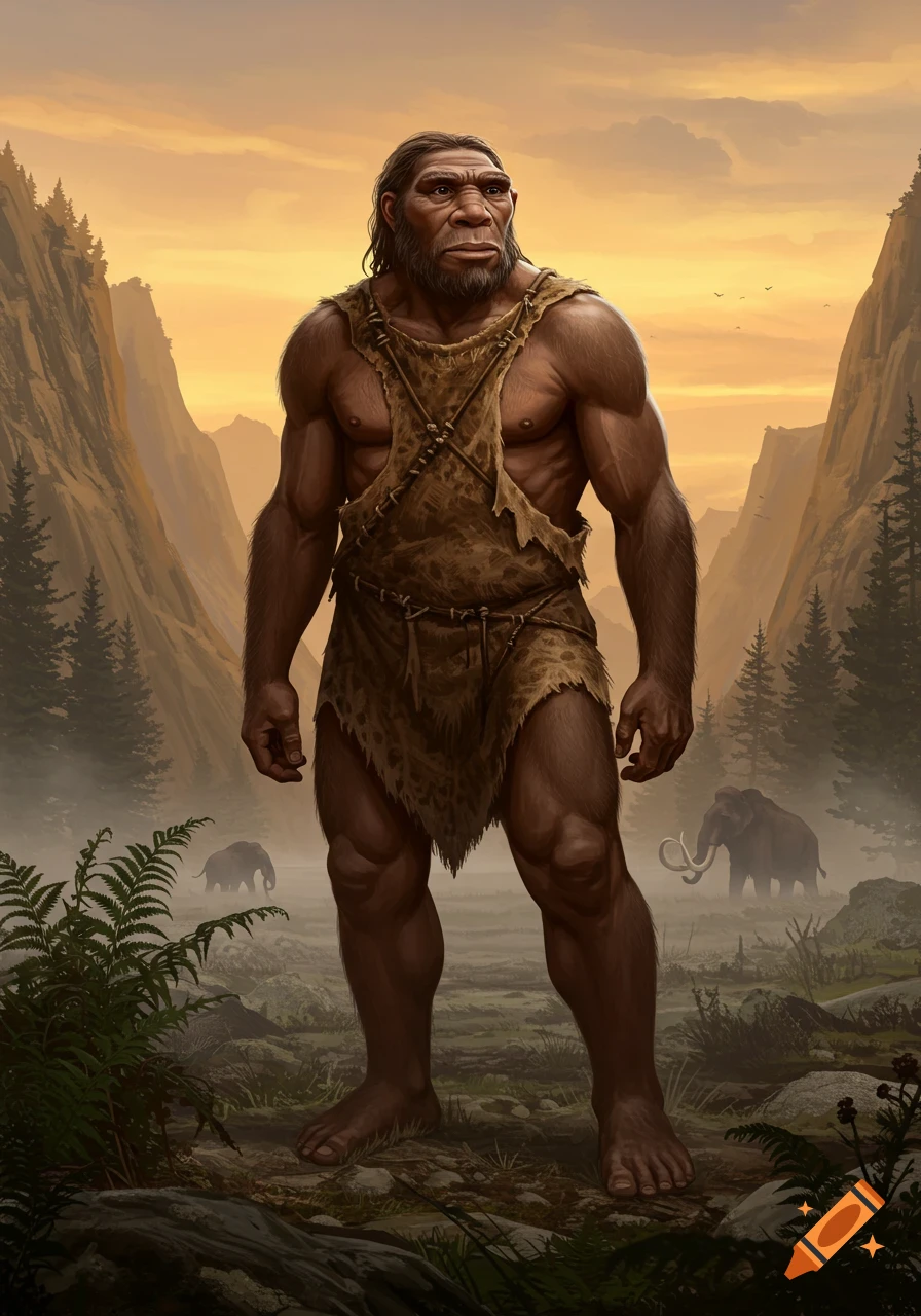 A muscular adult male Neanderthal stands in a primeval valley with mountains, pine trees, and mammoths in the misty background.