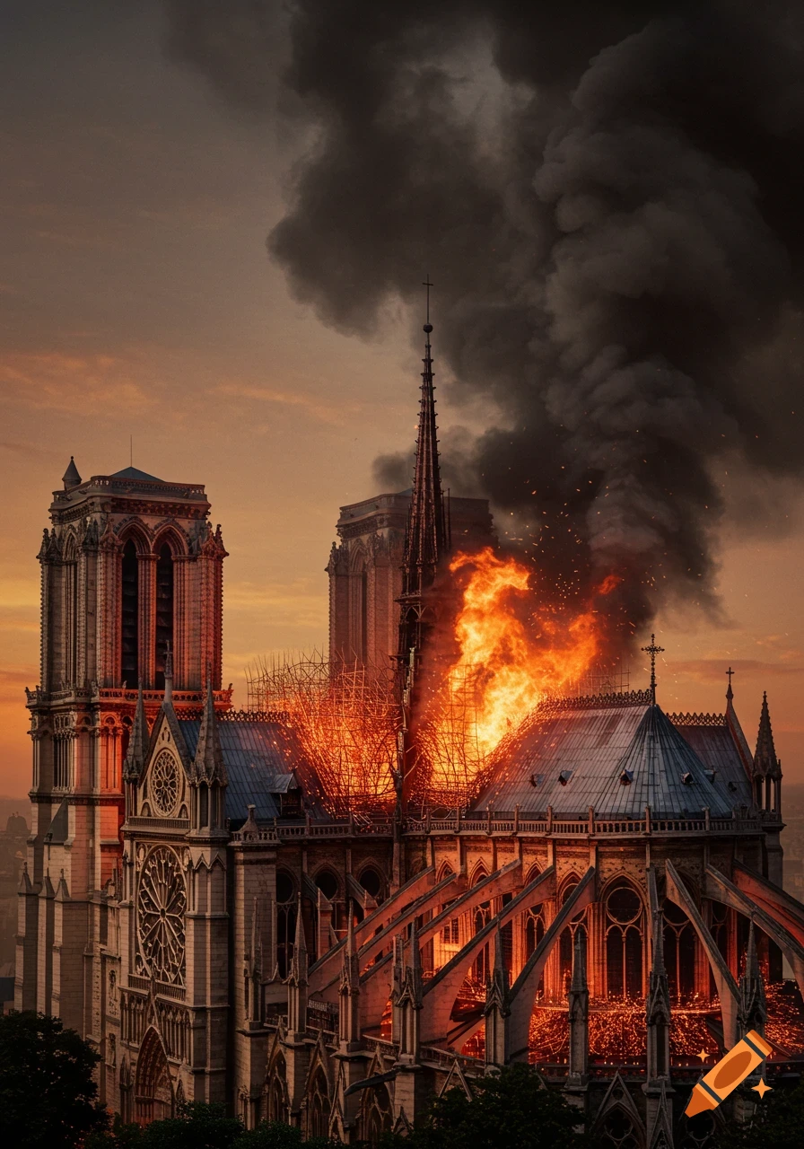 Photorealistic image of Notre-Dame de Paris on fire at dusk, with large flames and dark smoke billowing from the roof.