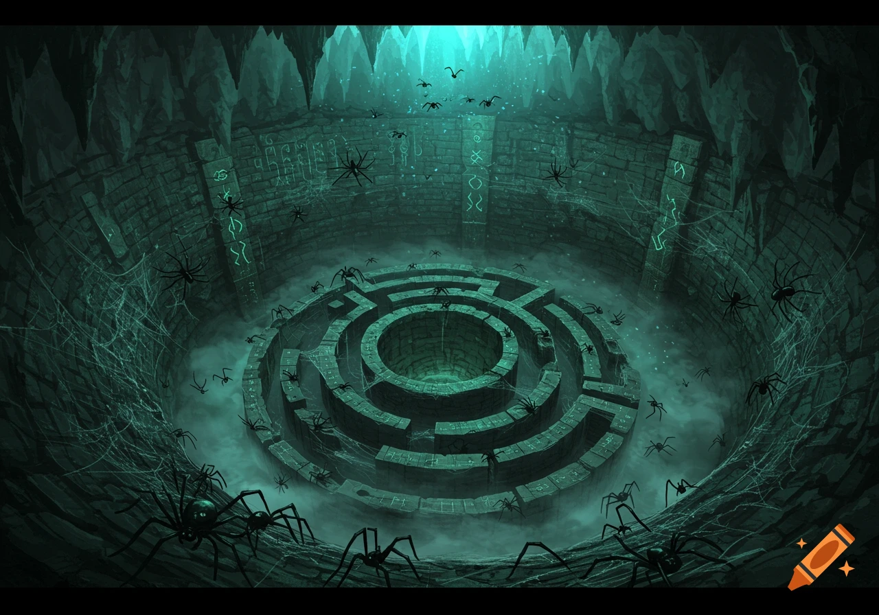 Eerie fantasy art of a deep cave pit with a stone labyrinth, glowing runes, and numerous black spiders.