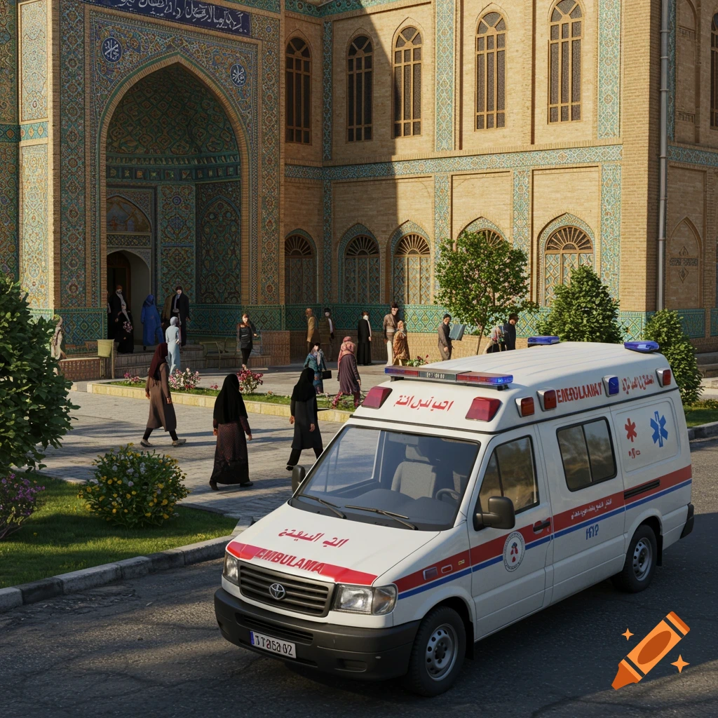 A white ambulance with red and blue stripes parked in front of a large, ornate building with people walking nearby, in Esfahan, Iran.