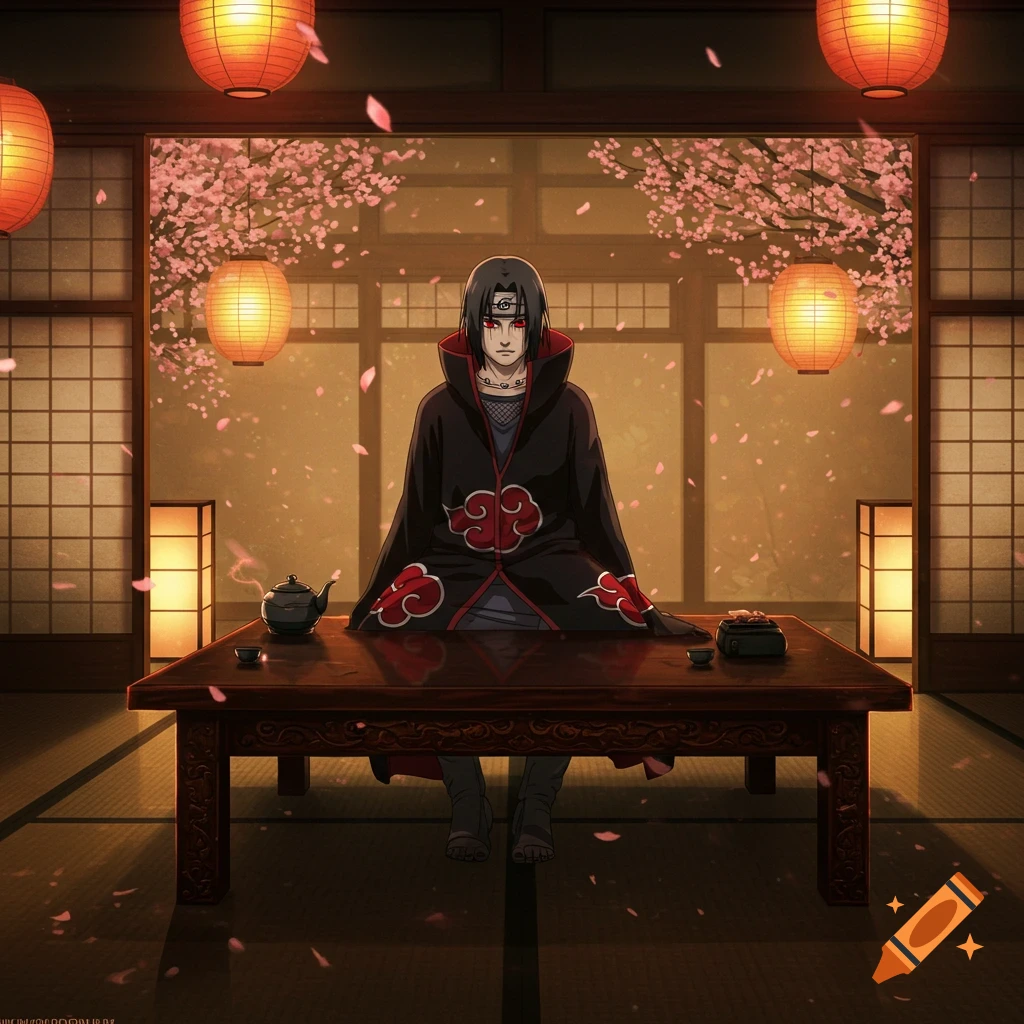 Anime character Itachi Uchiha sits in a traditional Japanese room with glowing lanterns and falling cherry blossoms, in a detailed style.