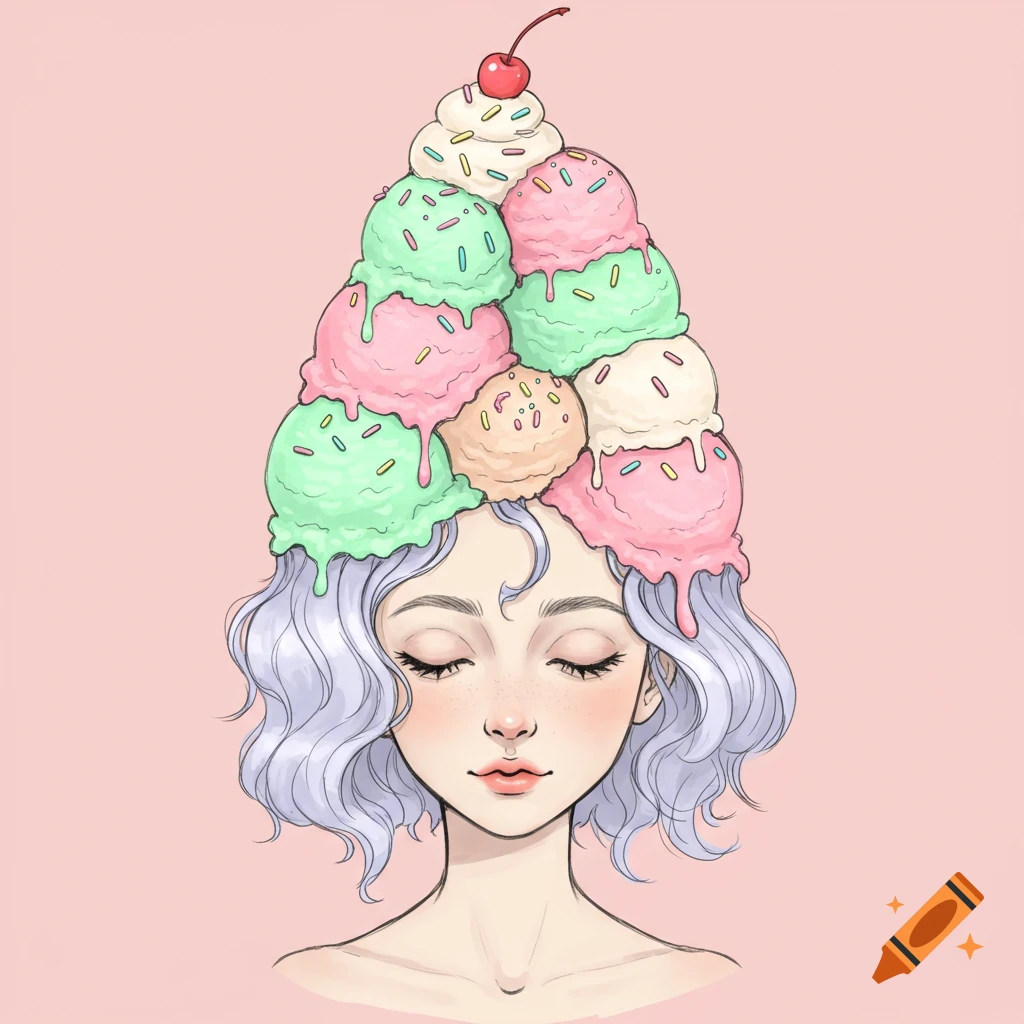 A cute cartoon girl with light purple hair and closed eyes has a tall pile of colorful melting ice cream with sprinkles and a cherry on her head, on a pink background.