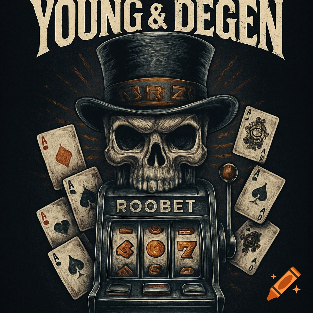A stylized, vintage-style illustration features a skull wearing a top hat with a slot machine below it and scattered playing cards. The text "YOUNG & DEGEN" is above, and "ROOBET" is on the slot machine.