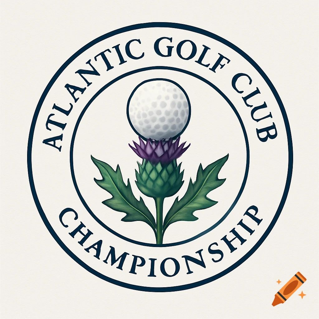 A circular Atlantic Golf Club Championship logo featuring a golf ball on a Scottish thistle with navy blue text.