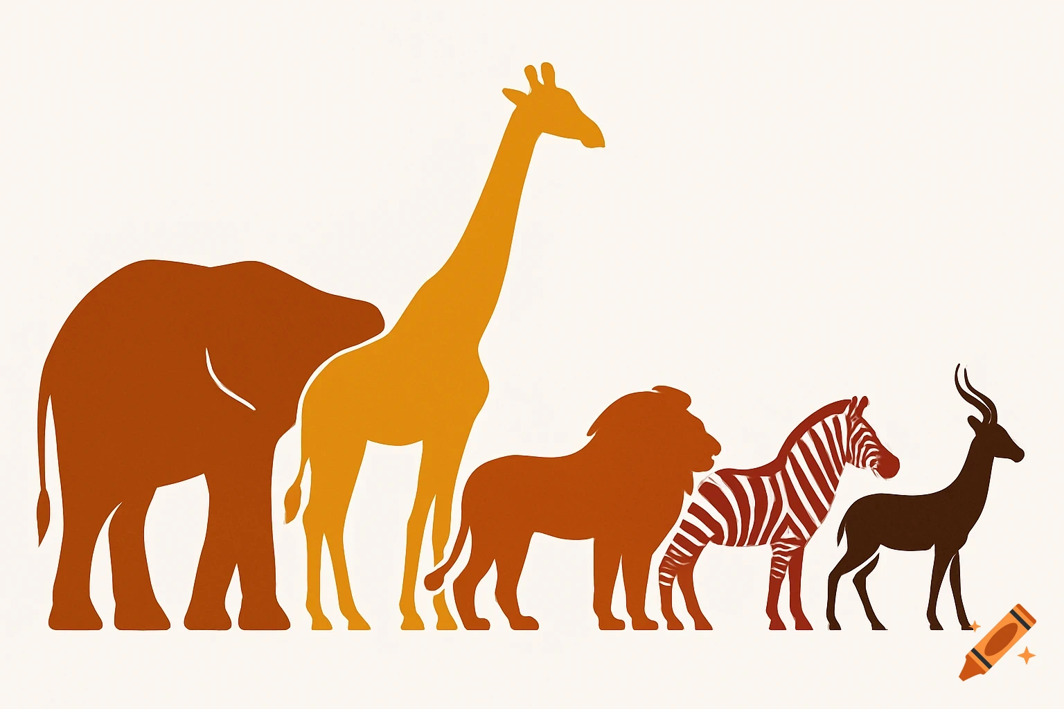 Flat vector silhouettes of an elephant, giraffe, lion, zebra, and gazelle aligned in a row on a white background, minimalist design.