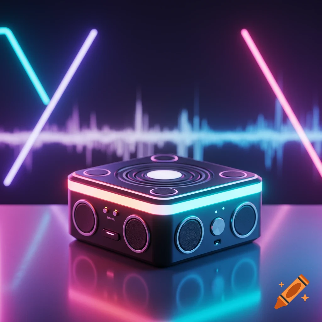 A futuristic black square speaker with neon pink and cyan lights, glowing on a reflective surface against a dark background with waveform patterns.
