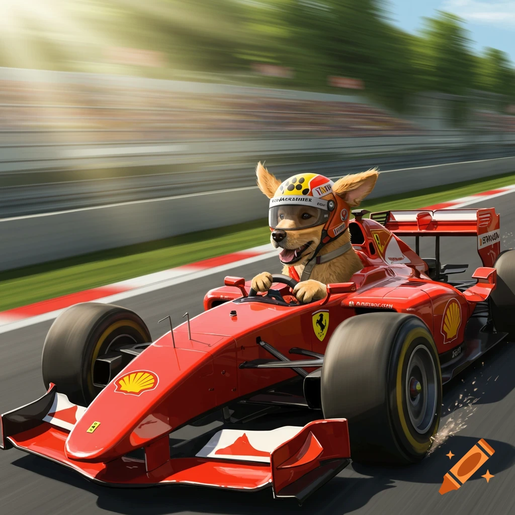 A cheerful dog wearing a racing helmet drives a red Formula 1 race car down a track with motion blur.