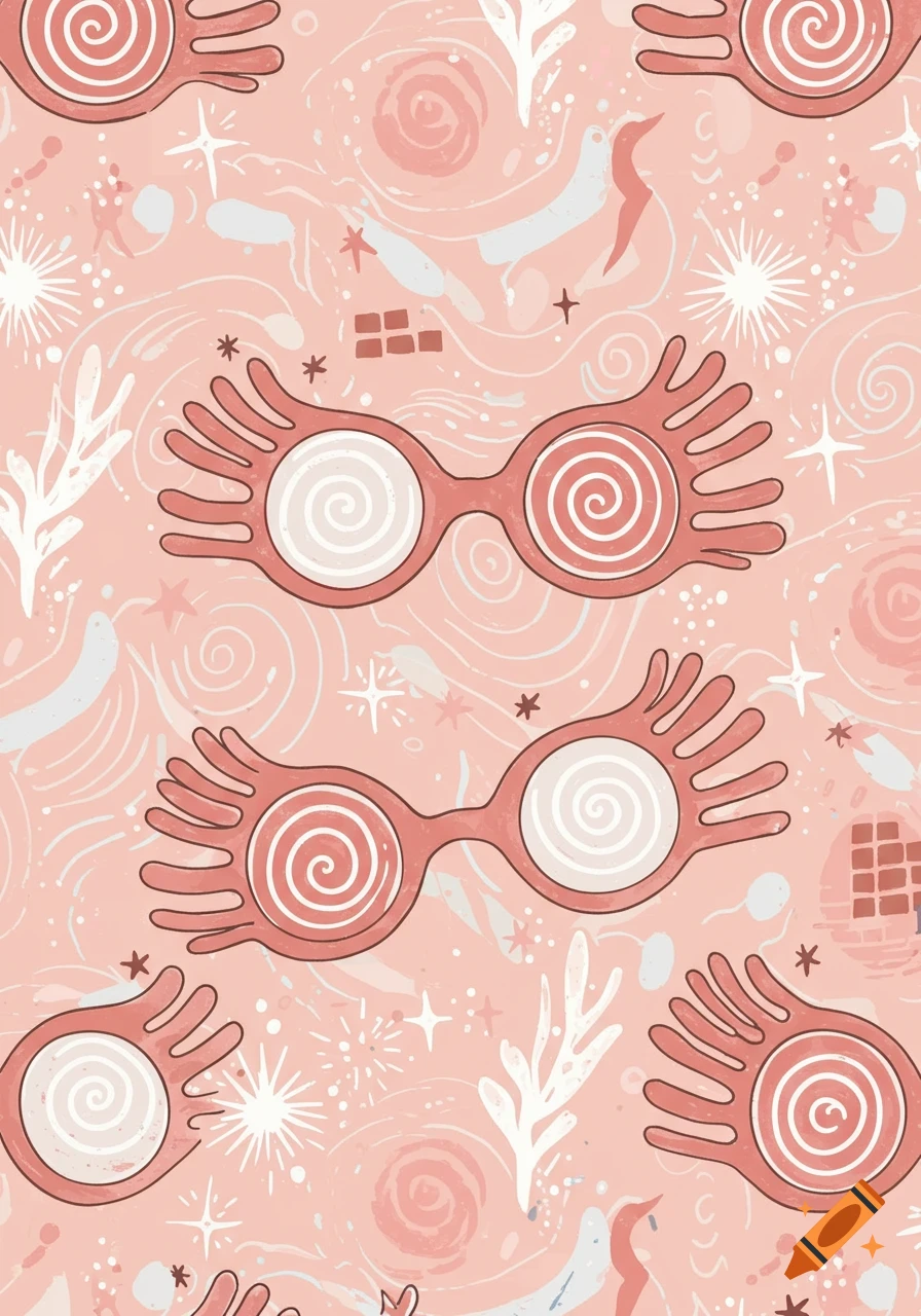 A whimsical pink and white magical pattern featuring Luna Lovegood's spectrespecs, stars, and abstract swirls in a hand-drawn style.