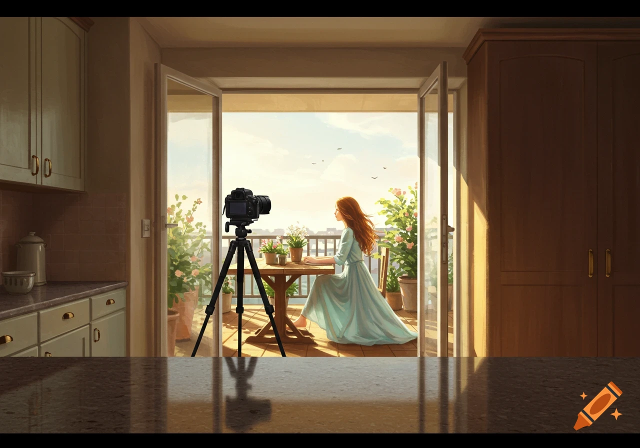 Illustration of a camera on a tripod in a kitchen, facing a woman in a long dress on a sunny balcony filled with plants.