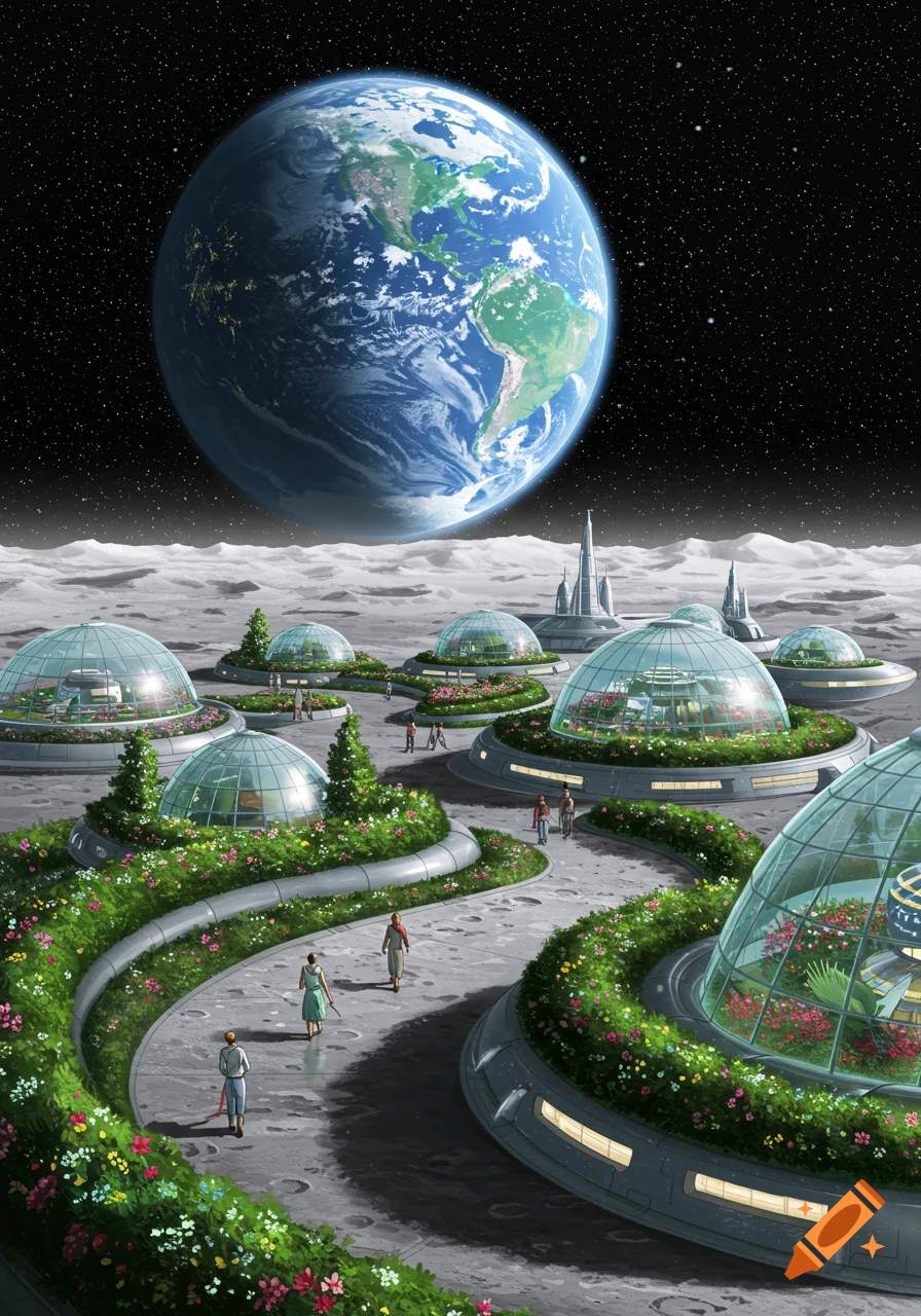 A utopian lunar city with domed gardens, pathways, and people walking, under a large Earth in the starry sky.