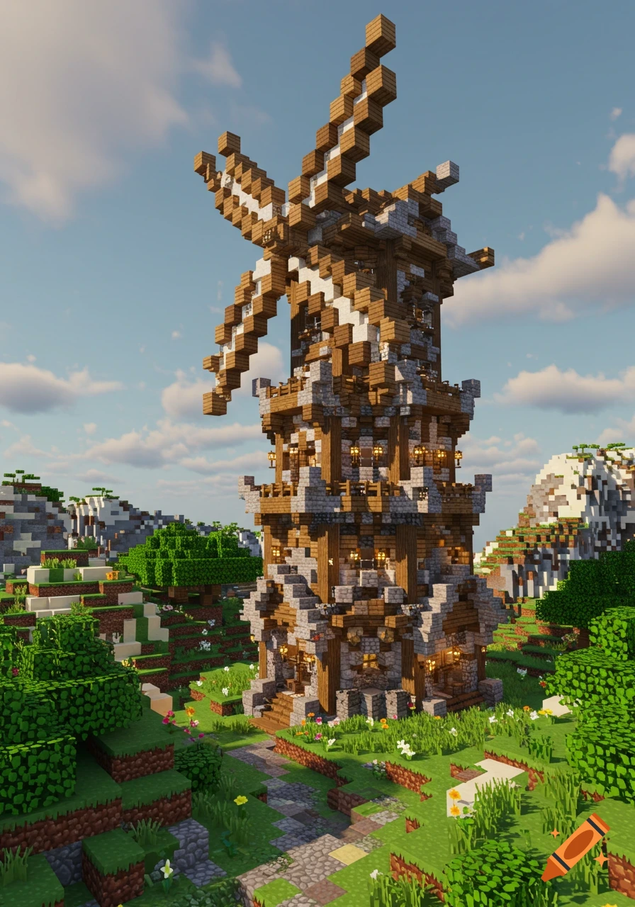 A large, detailed medieval-style windmill built from Minecraft blocks stands in a lush, green landscape under a blue sky.