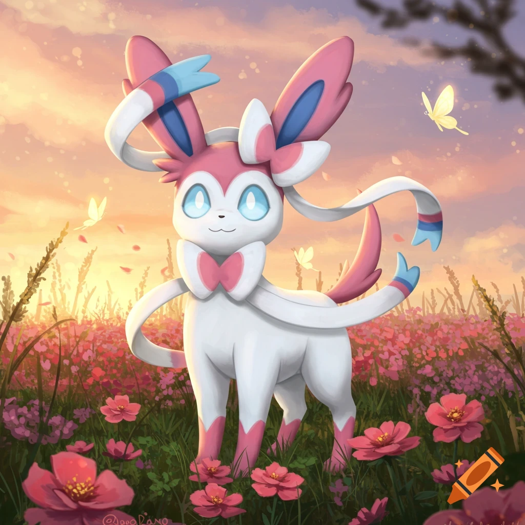 A white and pink Sylveon stands in a field of pink flowers at sunset, with butterflies fluttering around in an anime-illustration style.