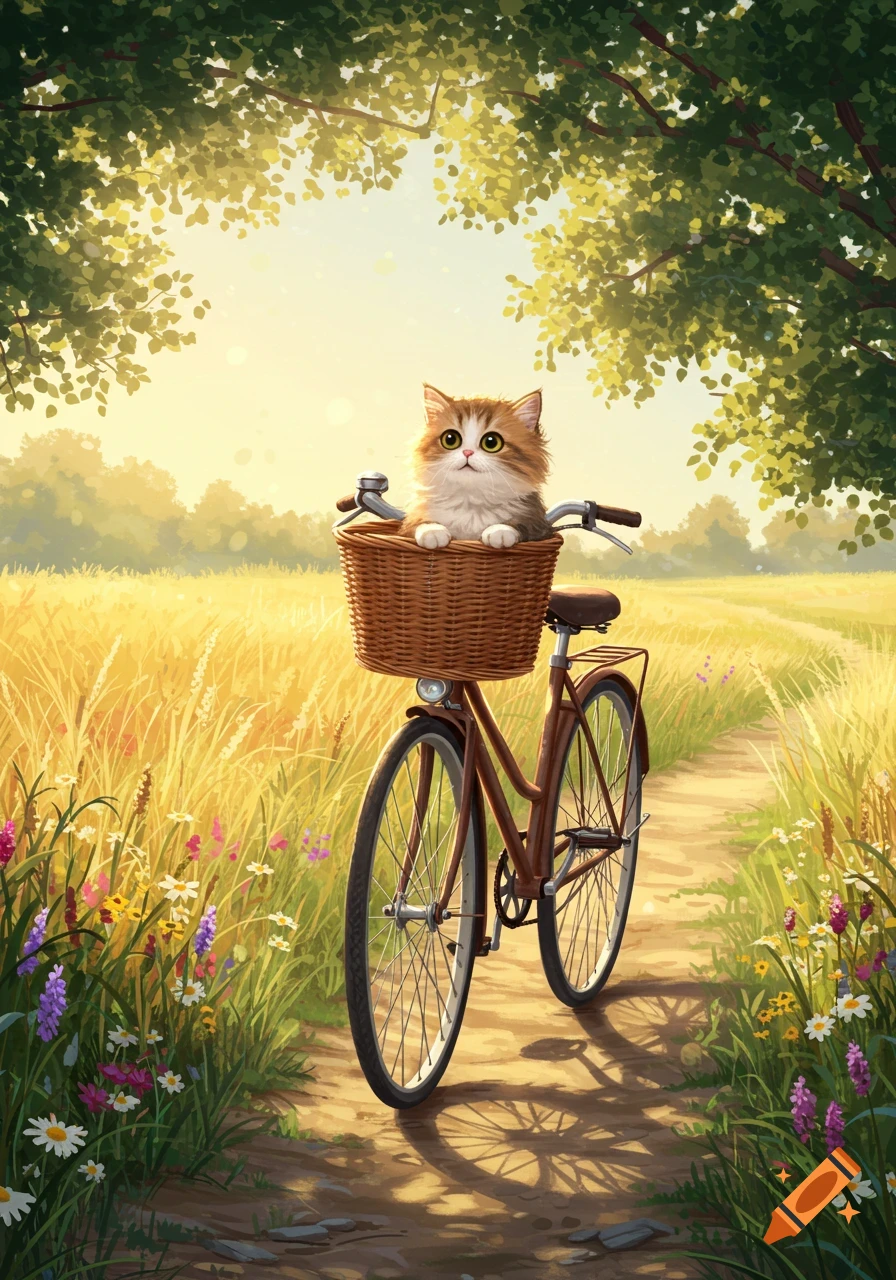 A cute, fluffy cat in a bicycle basket on a path through a sunny field with flowers and trees, in an illustration.