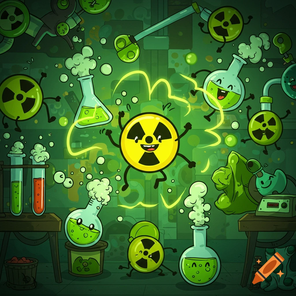 A cheerful cartoon lab with glowing green and yellow radioactive symbols, bubbly test tubes, and radiant energy waves.