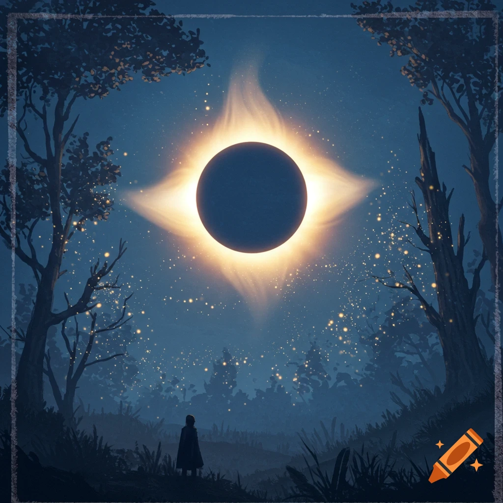 A lone figure views a glowing solar eclipse over a dark, mystical forest with sparkling lights.