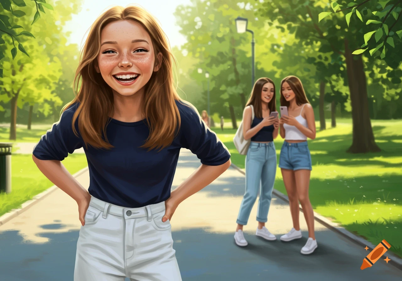 A smiling young girl with freckles and brown hair stands in a sunny park, hands on hips. Two other girls look at their phones in the background.