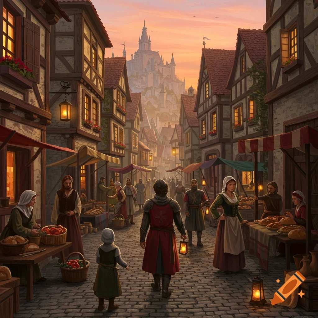 A bustling medieval town street at dusk, with market stalls, villagers, and a castle on a distant hill.