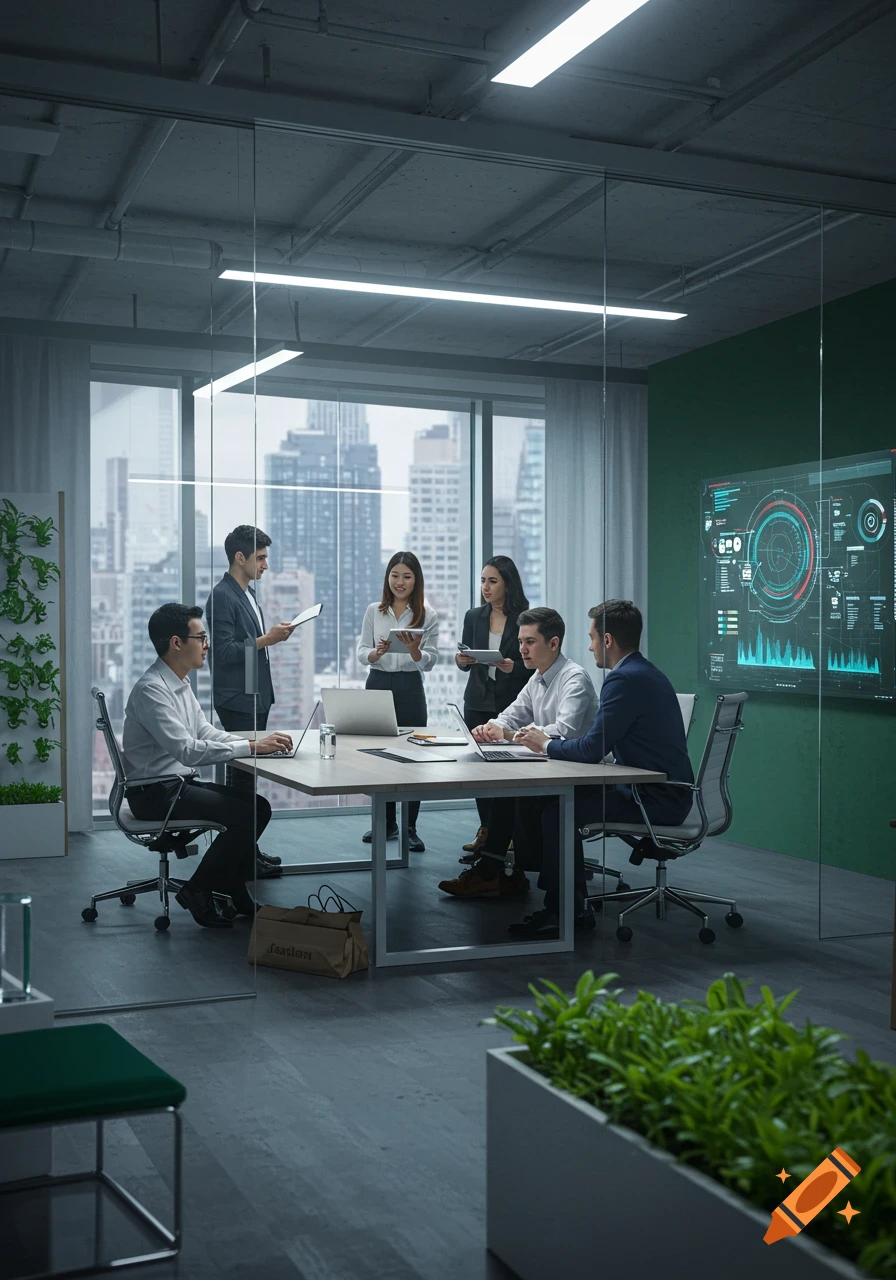 Photorealistic image of diverse professionals in a modern office meeting room, with a city skyline view and green plants.