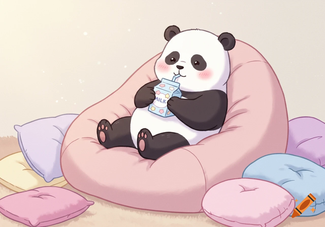 A cute cartoon panda sips milk from a carton while lounging on a pink beanbag surrounded by pastel pillows.