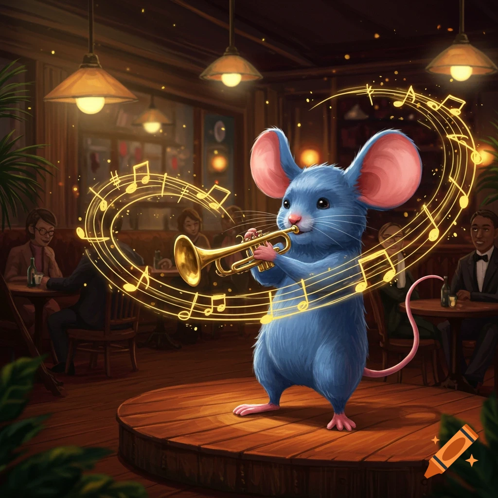 A whimsical illustration of a cute blue mouse playing a trumpet on a stage in a dimly lit bar, surrounded by swirling musical notes.