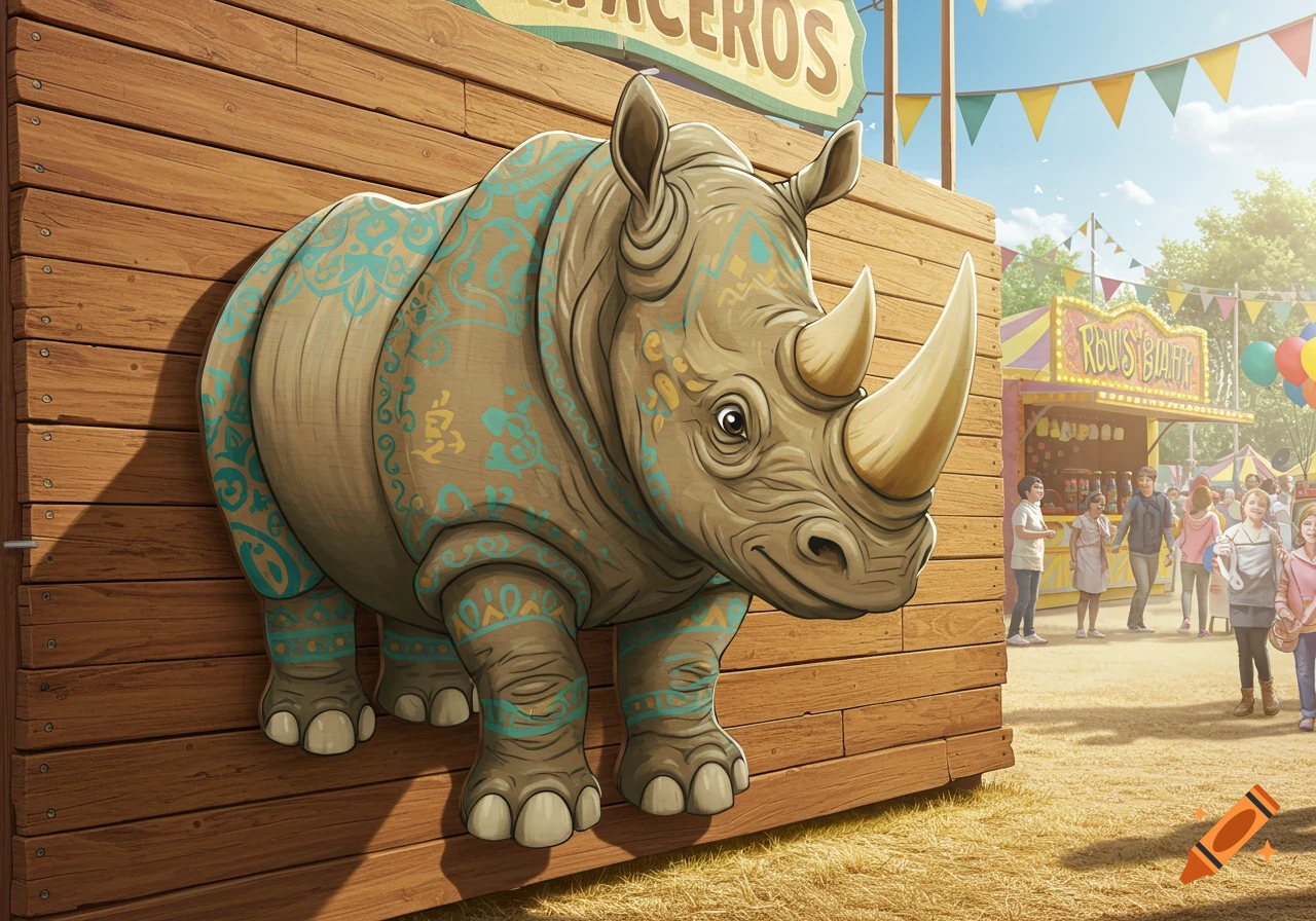 An illustrated, ornate rhinoceros cutout signboard at a lively outdoor fairground with people and stalls.