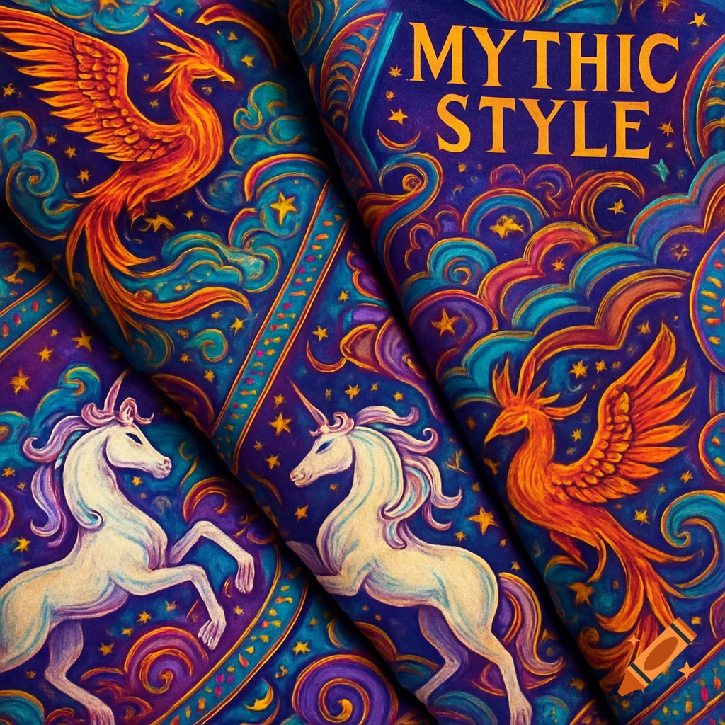 Vibrant purple fabric printed with gold 'MYTHIC STYLE' text, orange phoenixes, and white unicorns in a celestial pattern.