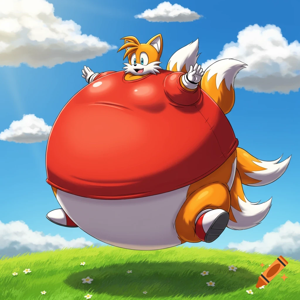 Tails, an orange and white fox from Sonic, floats inflated in a red shirt over a green grassy field under a blue sky with clouds.