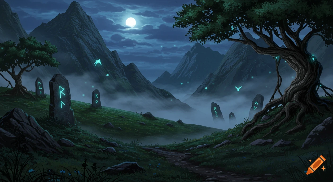 A dark fantasy mountain landscape at night, with glowing runestones, gnarled trees, and luminous spirits under a full moon.