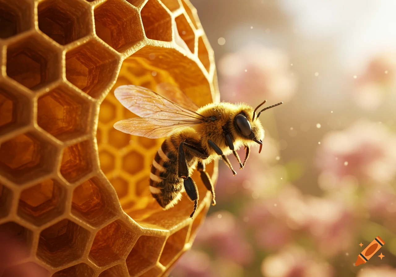 Photorealistic close-up of a fuzzy bee emerging from a golden honeycomb cell bathed in warm light.