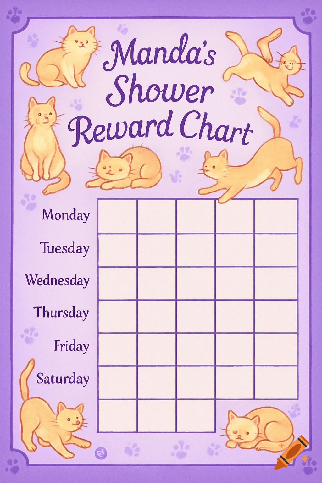 A purple reward chart with cartoon orange cats. The chart is titled "Manda's Shower Reward Chart" and lists days of the week from Monday to Saturday with blank grid spaces.