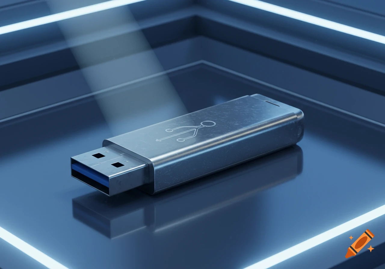 A metallic USB flash drive with a blue port sits on a reflective dark surface with neon blue strip lighting.