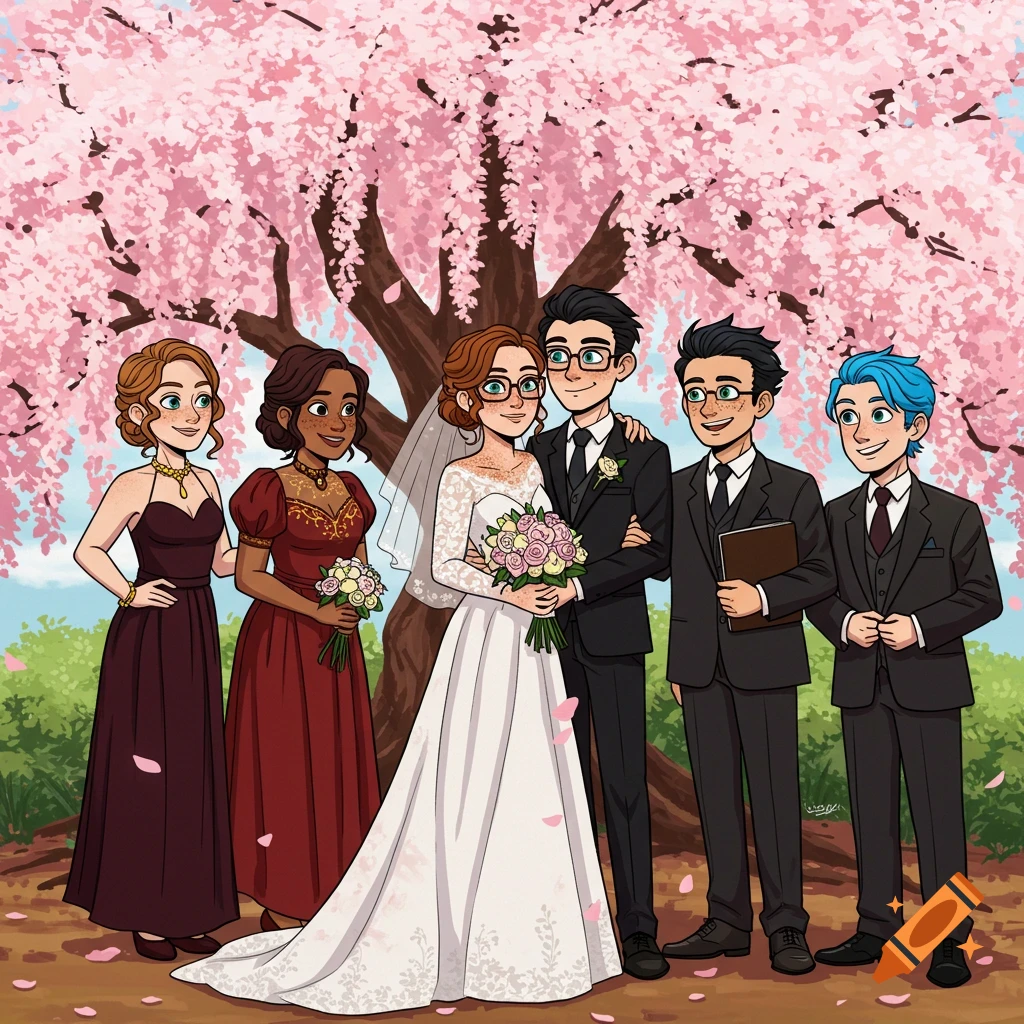 A stylized cartoon illustration of a wedding party posing for a group photo under a blooming pink cherry blossom tree.