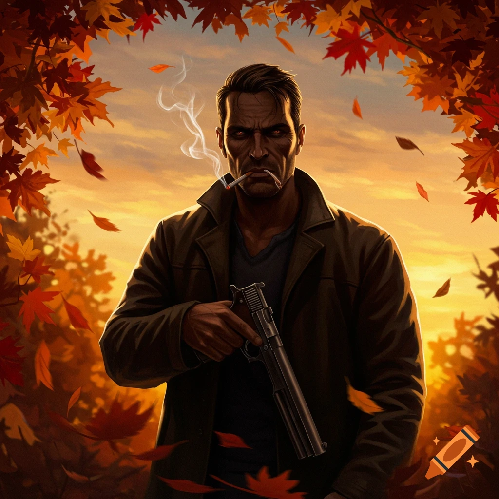 An intense man with glowing red eyes smoking a cigarette and holding a pistol, surrounded by vibrant autumn leaves at sunset, in an illustration.