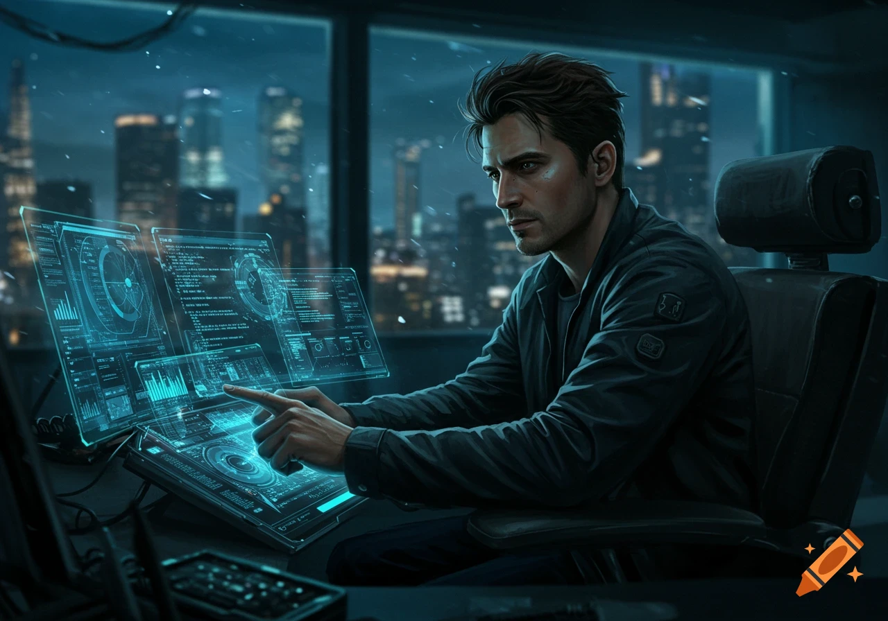 A man works on glowing holographic screens in a futuristic office overlooking a city at night.