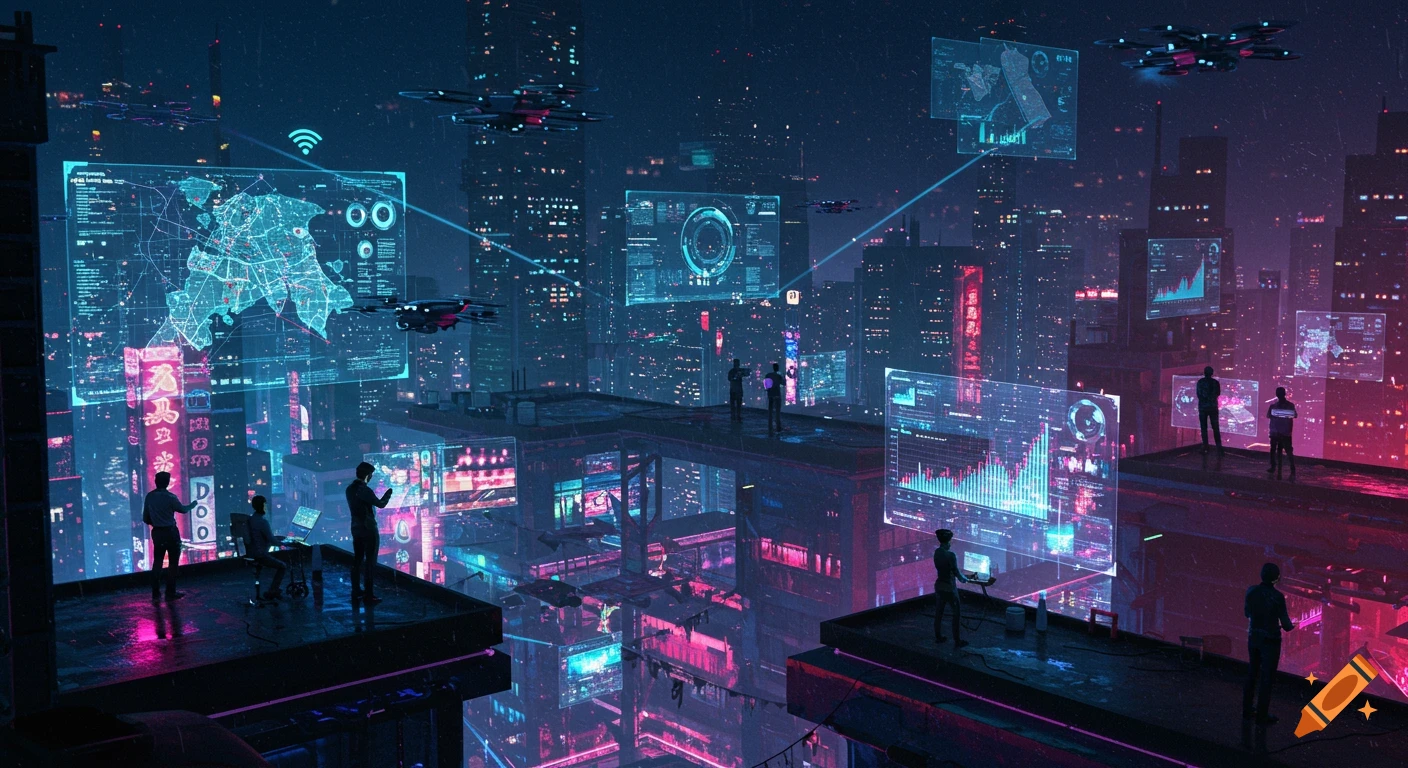 A vibrant cyberpunk city skyline at night, with people on rooftops viewing holographic data, maps, and graphs, under flying drones.