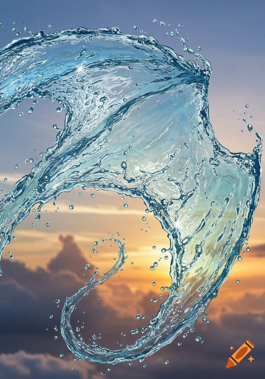 A dynamic, sculpted dragon wing made of flowing blue water with droplets, against a sunset sky with clouds.