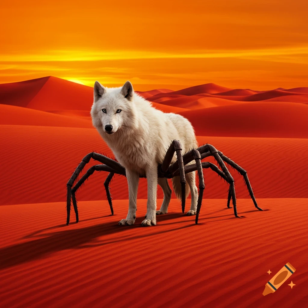 A white wolf with black spider legs stands on a red desert dune under a bright orange sky.