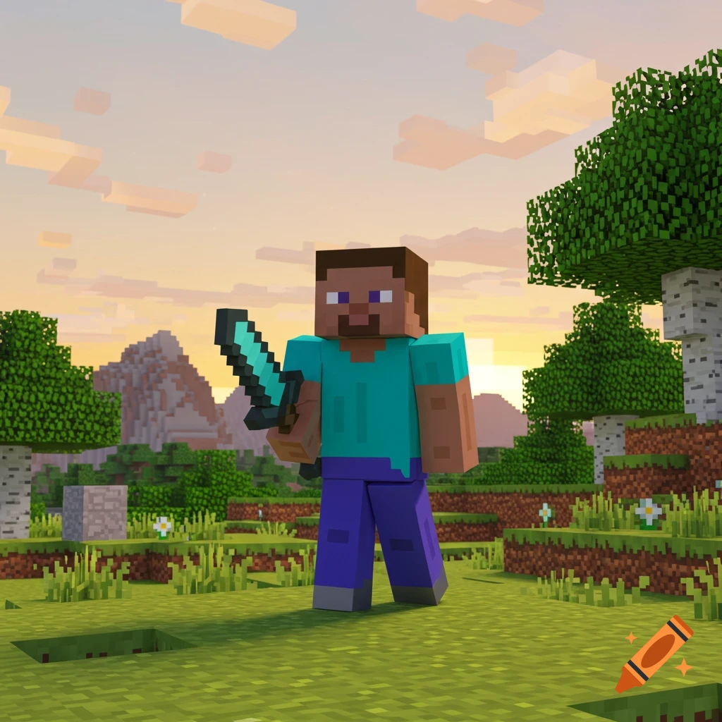 Steve from Minecraft holding a diamond sword in a blocky landscape at sunset.