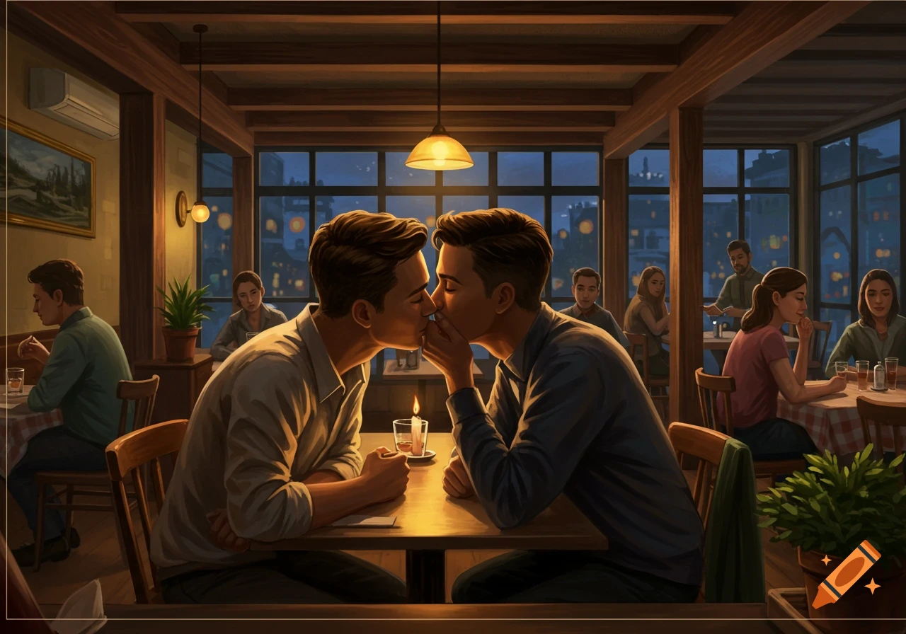 Two men share an intimate kiss at a candlelit restaurant table, with other diners in the background.